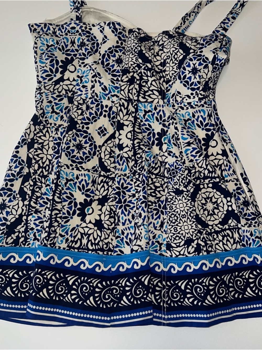 Avec Les Filles Blue and White Floral Sweetheart Neckline Mini Sun Dress Sz 14 - Picture 11 of 16